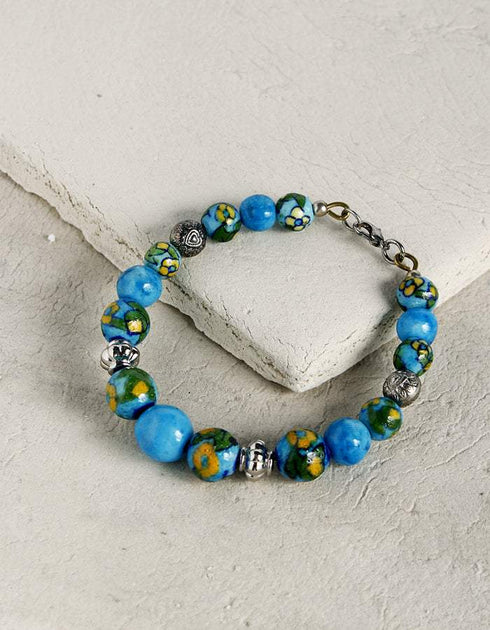 Handmade Round Bracelet With Blue Pottery Beads & Metal Beads  - Colour Turquoise & Yellow